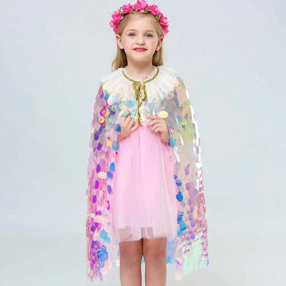 

Rainbow Sequin Cape Girls Cloak Performance Party Costume Accessories Sweet Mantle for Birthday Theme Event