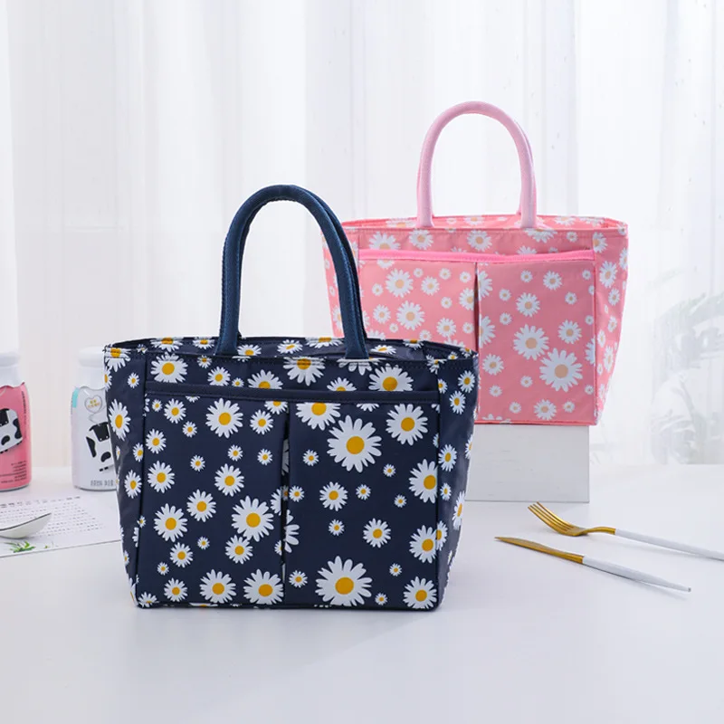 Daisy Print Cute Lunch Bag Thermal Insulation Large Capacity Portable Picnic Hangbag Office Lunch Box Bag Kids School Lunch Bags