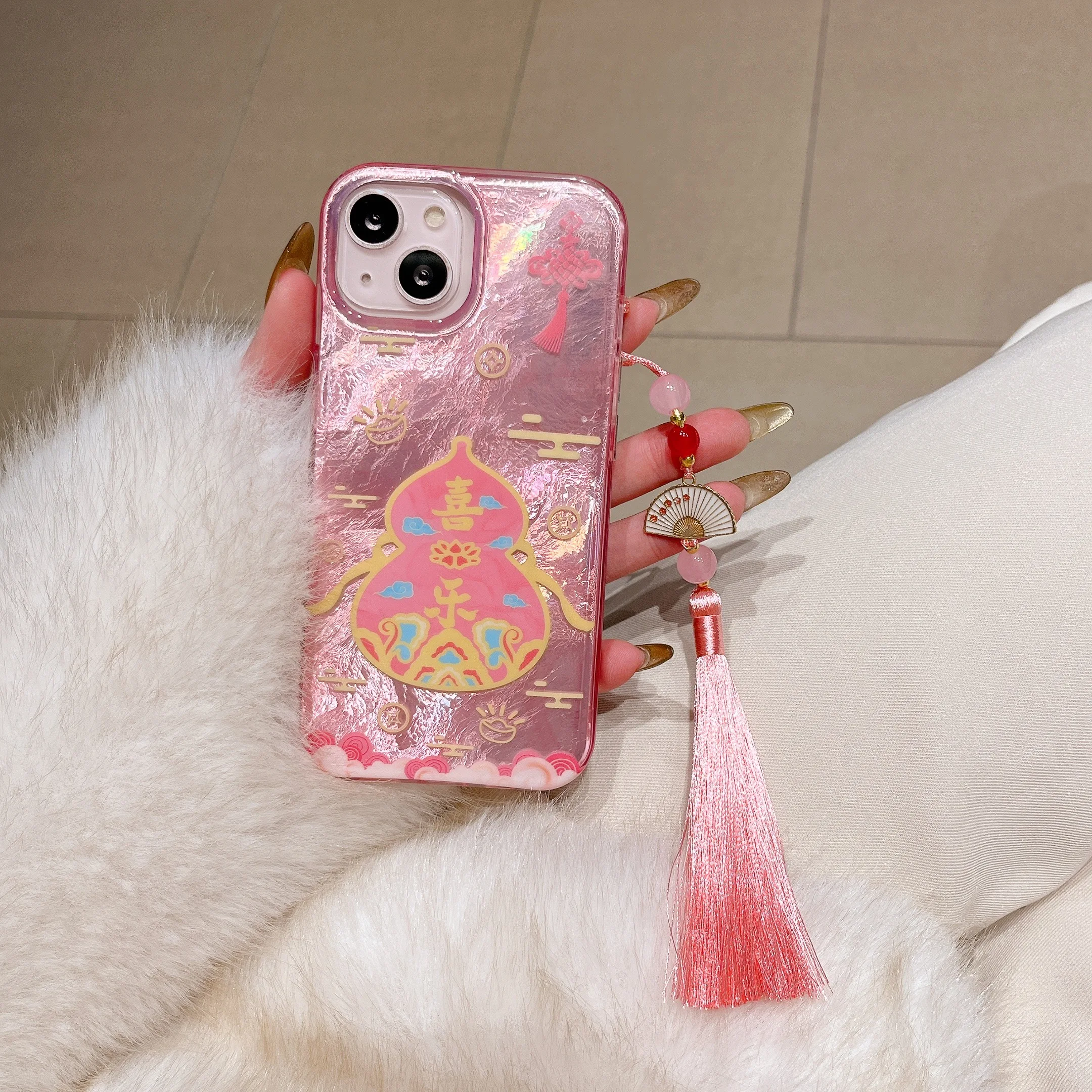 Chinese INS Traditional Style Calabash Pattern With Fringe Phone Case for iPhone 16 15 14 13 Pro Max Back Phone Cover Capa