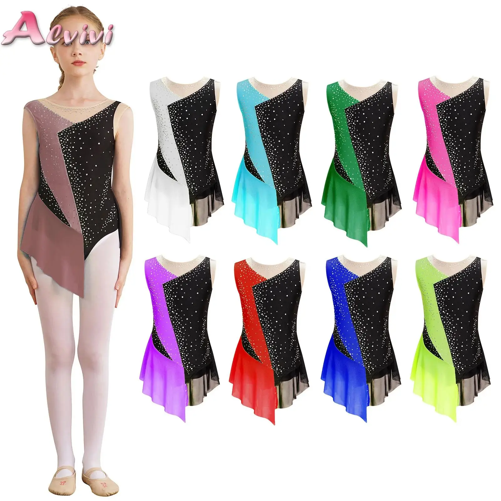 

Girls Rhinestone Figure Skating Dress Kids Sheer Mesh Sleeveless Ballet Dance Gymnastics Skirt Leotard Performance Dance Costume