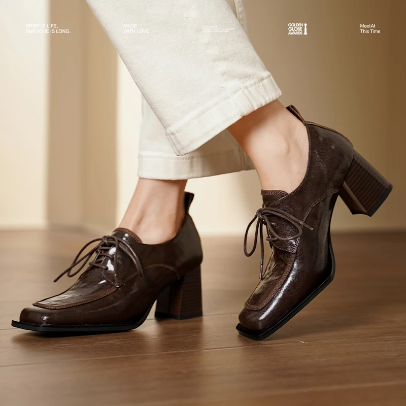 EAGSITY cow Leather block heel wood grain heel shoes women lace up pumps outdoor walking footwear party wedding office lady shoe
