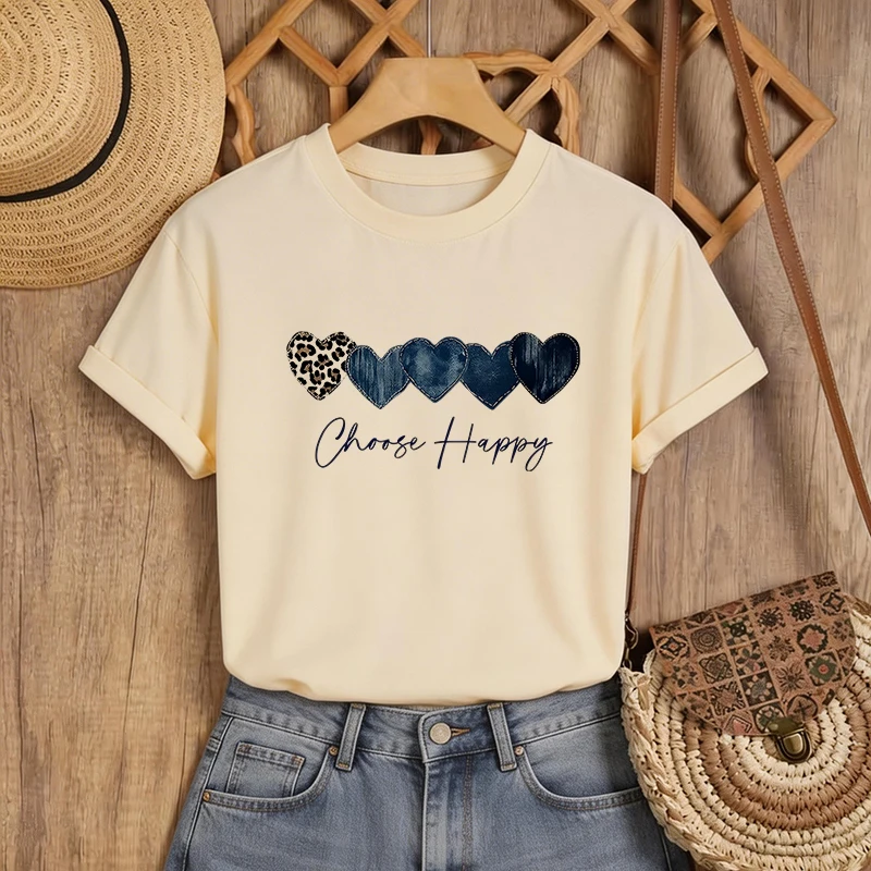 Featuring A Heart Shaped Print Women's T-shirt with Leopard T Shirt for Woman Choose Happy Crew Neck Short Sleeve Tshirt Tops
