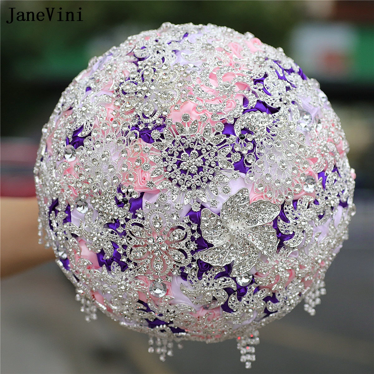 

JaneVini Sparkly Full Crystals Bridal Bouquets Artificial Dark Red Satin Roses Silver Jewelry Bride Bouquet Flowers for Wedding