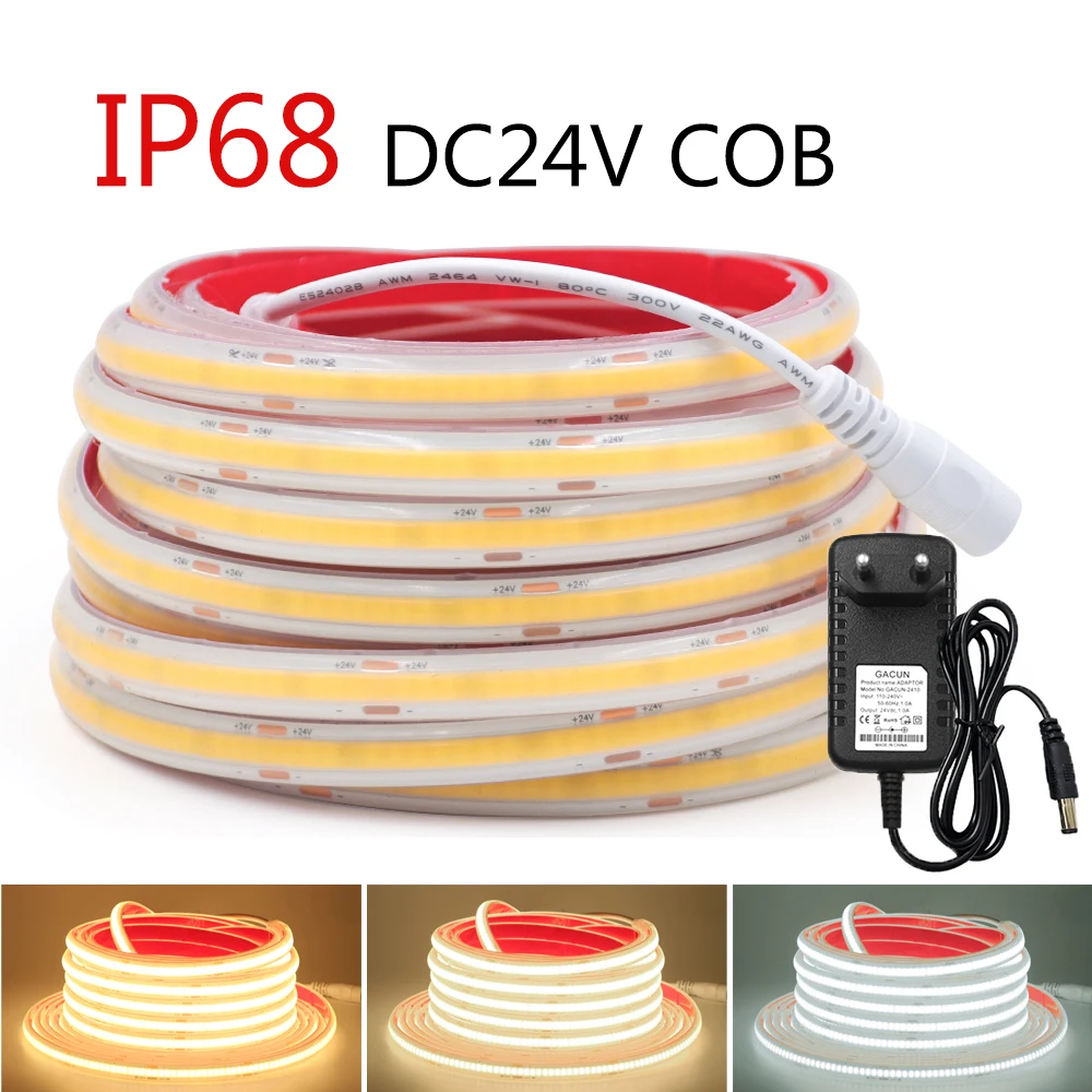 

IP68 Waterproof COB LED Strip DC 24V 320LEDs/m Dimmable High Density Flexible Tape Lights with EU/US/AU/UK Plug for Garden Decor