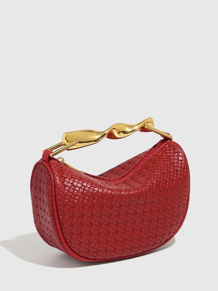 Gold Handle Brand Handwoven Handbag Casual Fashion Bow Design Purse Exquisite High-end Leather Brown Zipper Luxury Shoulder Bags - Image 2