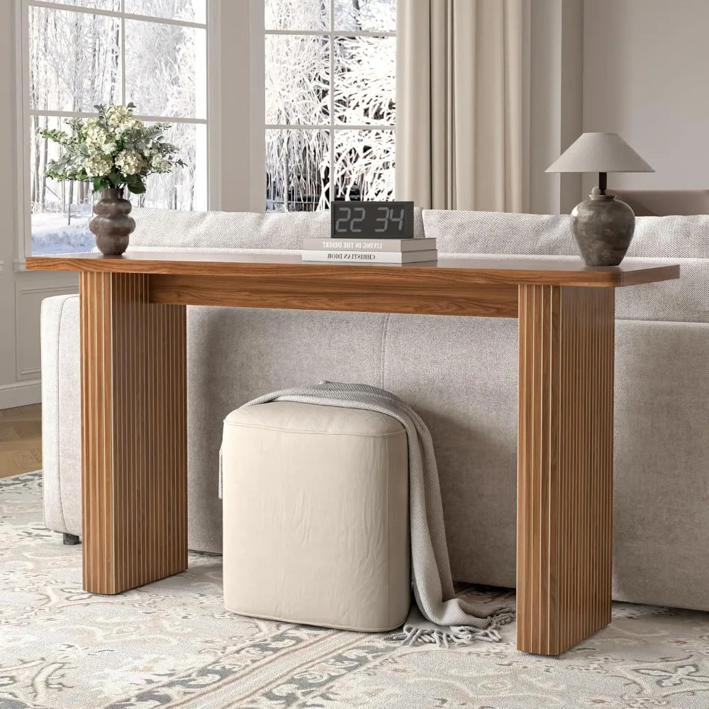 Geriffelter langer Konsolentisch 60 Zoll, Sofatisch aus Holz hinter der Couch, moderner schmaler Eingangstisch aus der Mitte des Jahrhunderts