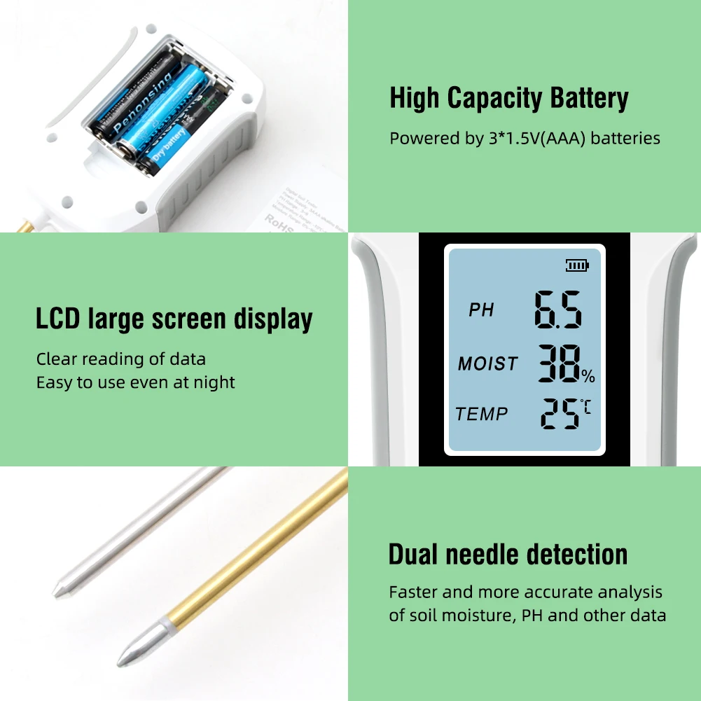 디지털 토양 테스터 PH 수분 온도 계량기, LCD 디스플레이, 3.0-9PH 내열성 금속 센서, 꽃 식물 정원용, 3 in 1