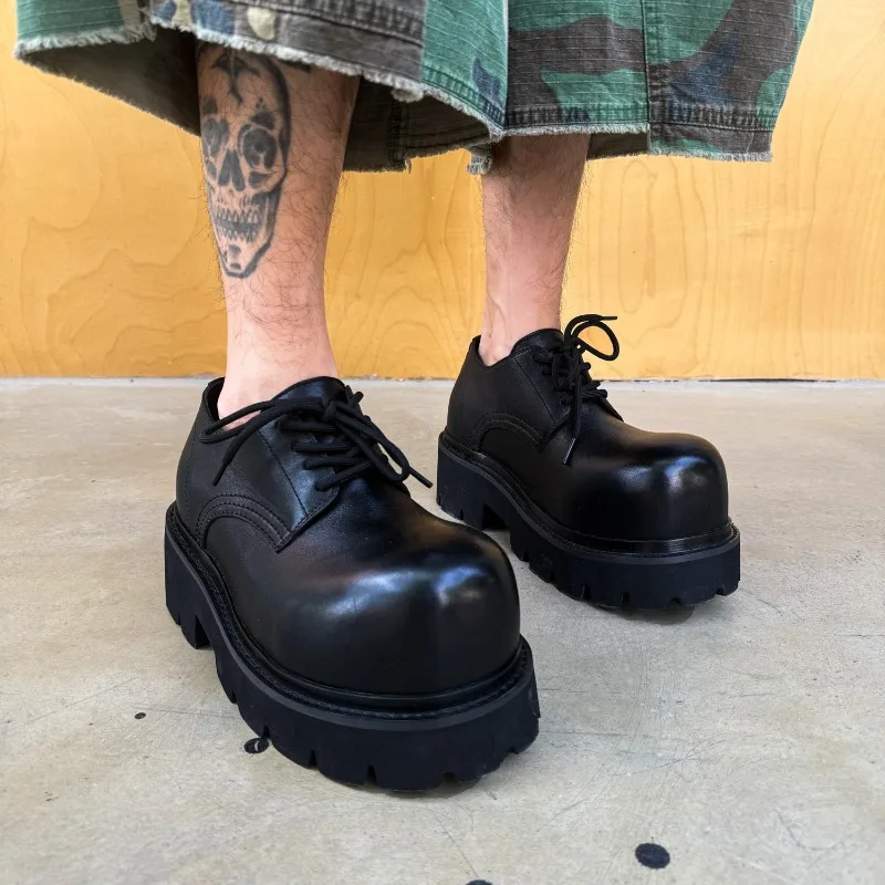 Europe America Cowhide Black Round Toe Derby Shoes Men's Thick Sole Genuine Leather Lace-up Platform Leather Shoes Male