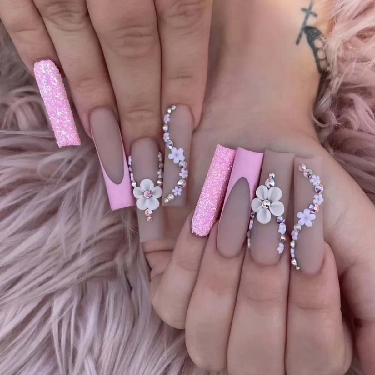 24Pcs Full Cover False Nails with Glue Long Square Coffin Fake Nails French Detachable Ballet Love Pattern Design Press on Nails