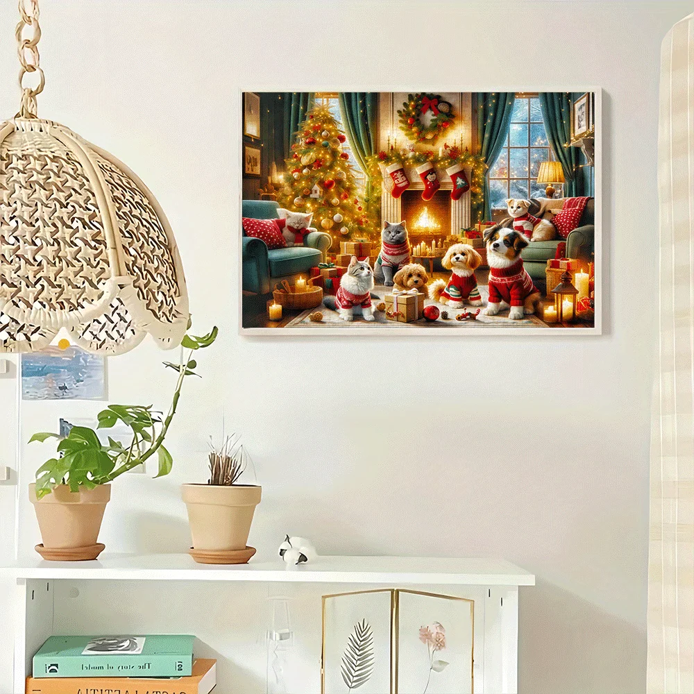 

1000pcs Christmas Cats & Dogs Jigsaw Puzzle - Festive Pets Scene with Cozy Fireplace, Tree & 6 Adorable Cats & Dogs, Vibrant H