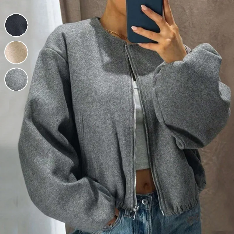 

Urban Style Polo Collar Zip-Up Cardigan Casual Long Sleeve Knitted Jacket with Ribbed Hem Comfortable Loose Fit Women's Coat