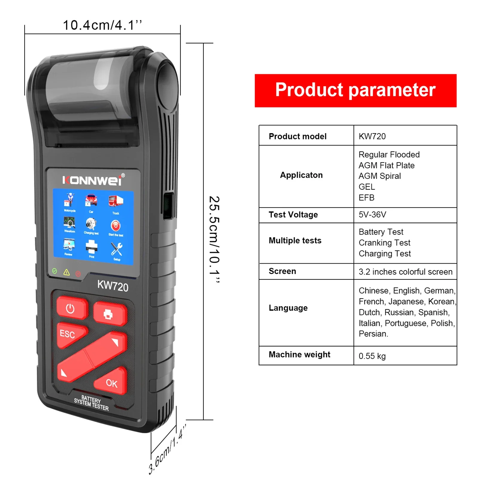 KW720 Car Battery Tester with Intergrated Printer 6V 12V 24V Battery Load Tester Cranking and Charging System Test Scan Tool