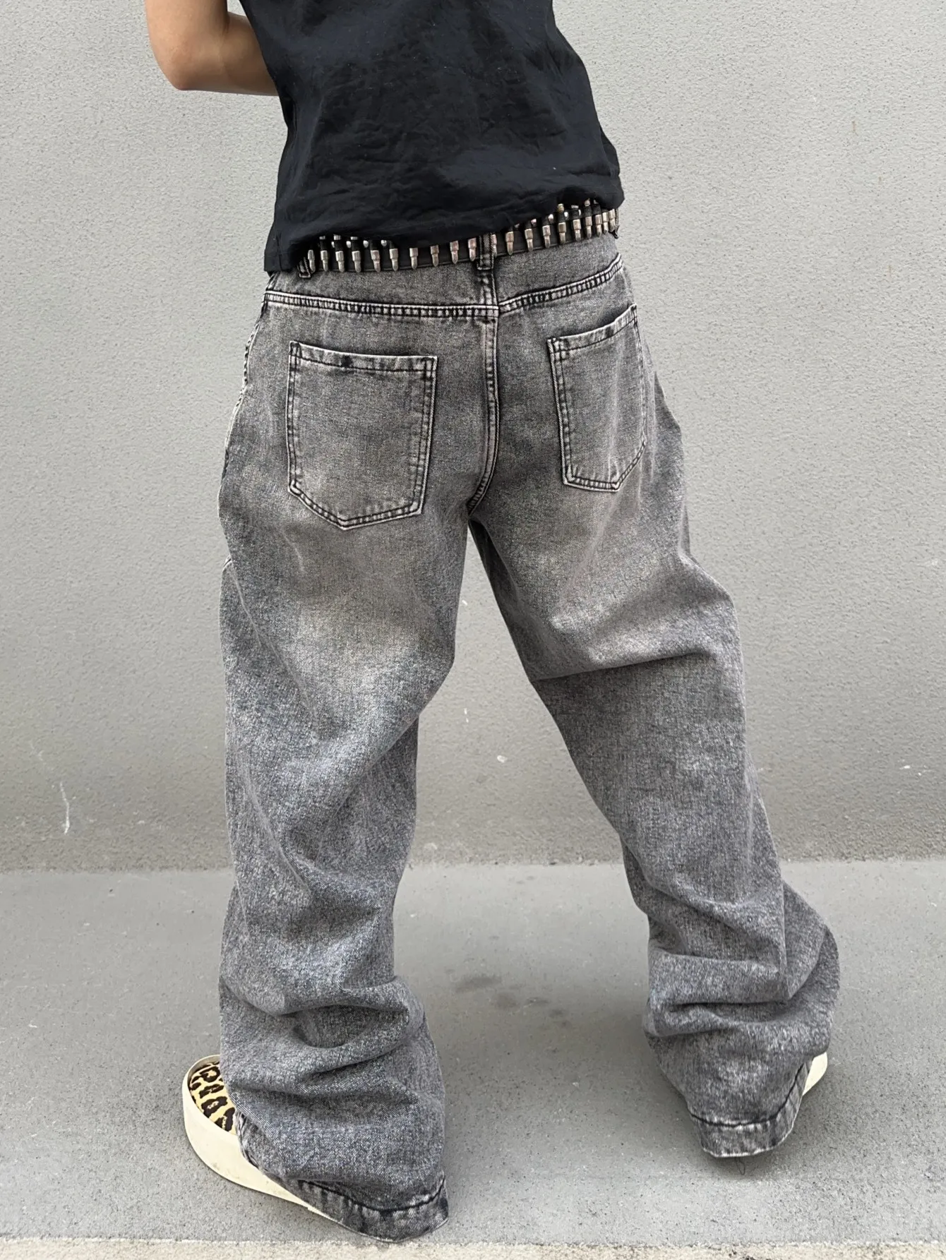 Men's Y2K Streetwear Jeans, Retro Gray Baggy Wide Loose Denim Trousers For Men, Versatile Casual Pants, No Belt And Accessories