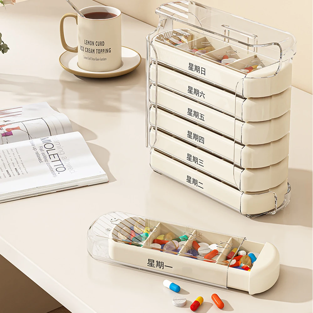 28-Grid Pull-Out Pill Organizer, Portable 7-Day Weekly Case with 4 Slots per Day for Vitamins & Supplements
