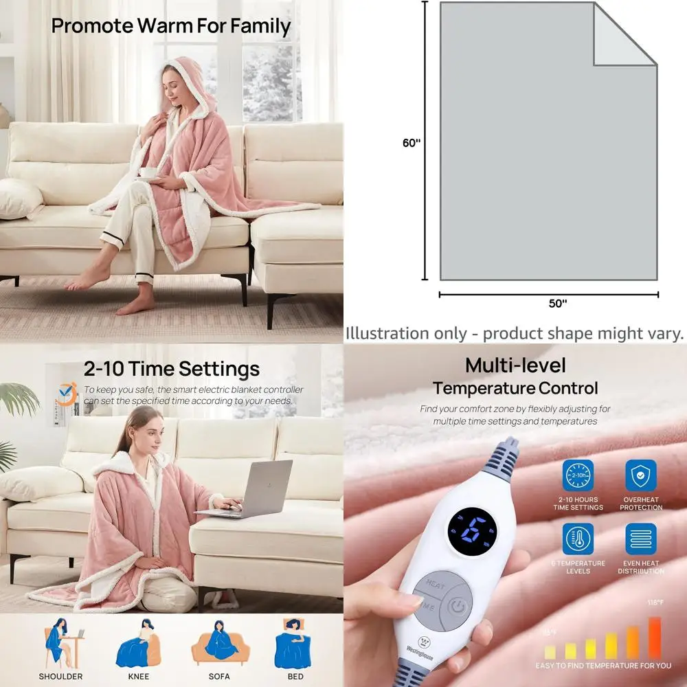 

Pink Electric Heated Shawl with 6 Levels, Pockets, 2-10H Timer, 50x60