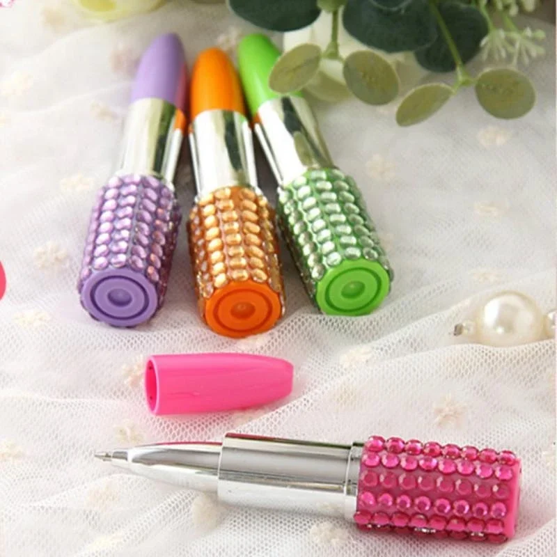 2Pcs Random Creative Stationery Cute Cartoon Korean Diamond Lipstick Pen Ballpoint School Office Accessories