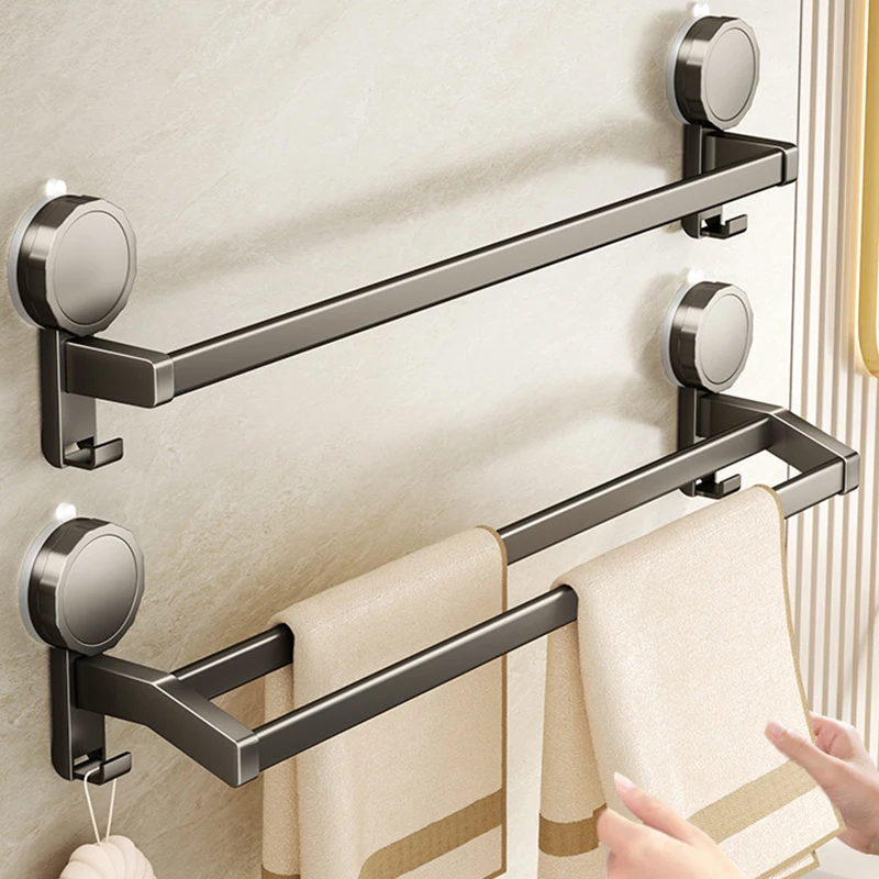 AOBT Gun Gray Suction Towel Rack for Bathroom No-Drill Double Rod Towel Bar Storage Rack Modern Bathroom Accessories