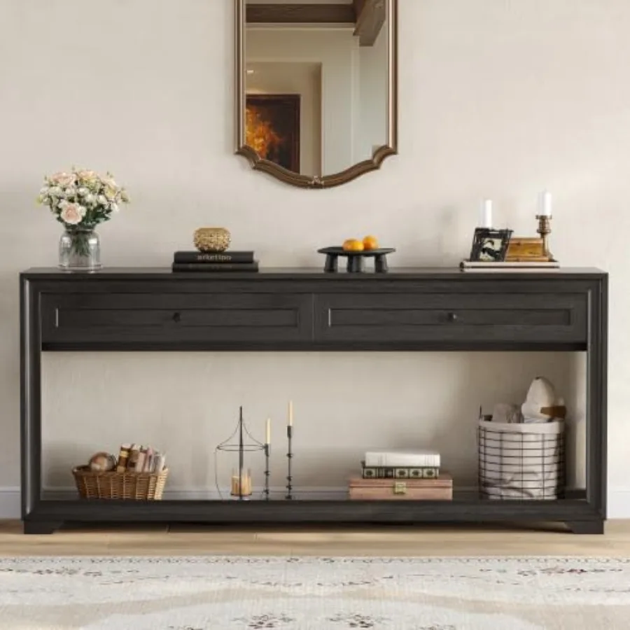 Console Table with 2 Drawers for Entryway Use, Solid Wood, Matte Black Finish, Space-Saving Design with Smooth-Glide Storage
