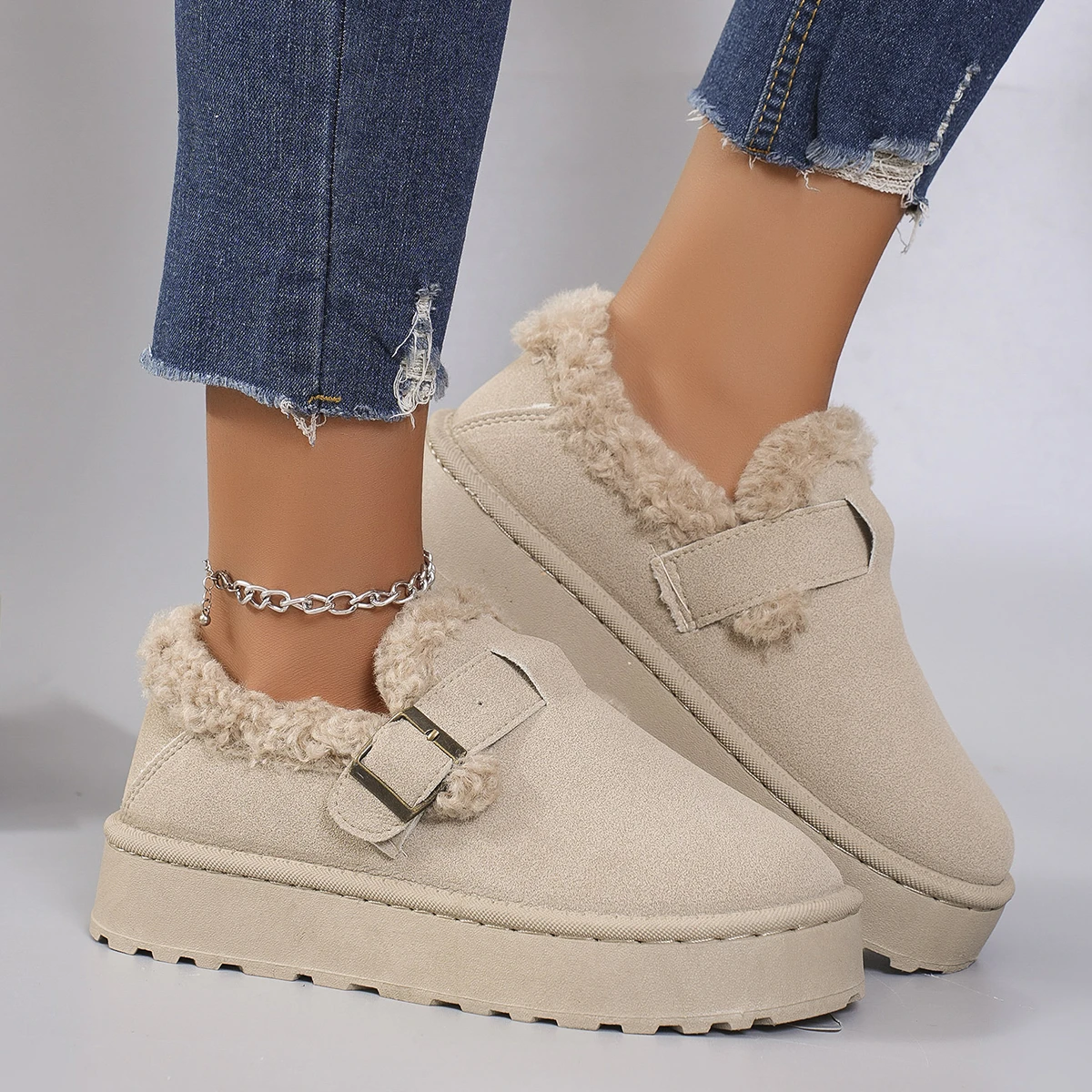 New Winter Women\'s Shoes Boken Shoes Plush Fashion Retro Bean Shoes Cotton Women\'s Flat Sole Slippers Platform Women Boots