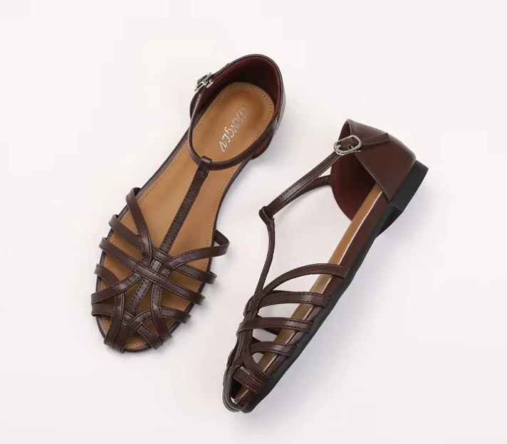 NONE ZAROY Sommer Cross Strap Flache Sandalen Frauen Runde Kappe Knöchel Schnalle Hohl Casual Römischen Sandalia Zapatos De Mujernostiek 4
