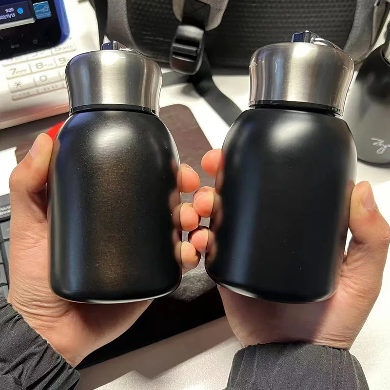 300ml Mini Chubby 304 Stainless Steel Thermos, Portable Key Ring Lid Leakproof Vacuum Water Bottle for Outdoor Travel Purse Gift