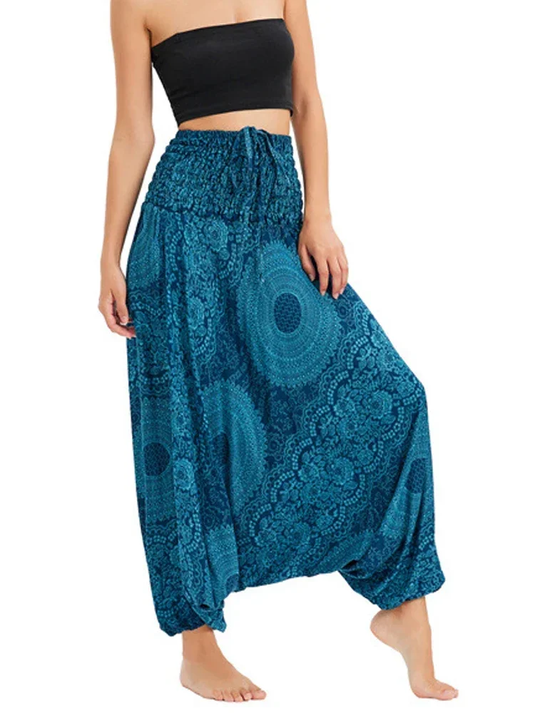 Retro Boho Floral Print Casual Women Baggy Pants 2024 Summer Fashion Ladies High Waisted Elastic Thai Hippy Yoga Dance Trousers