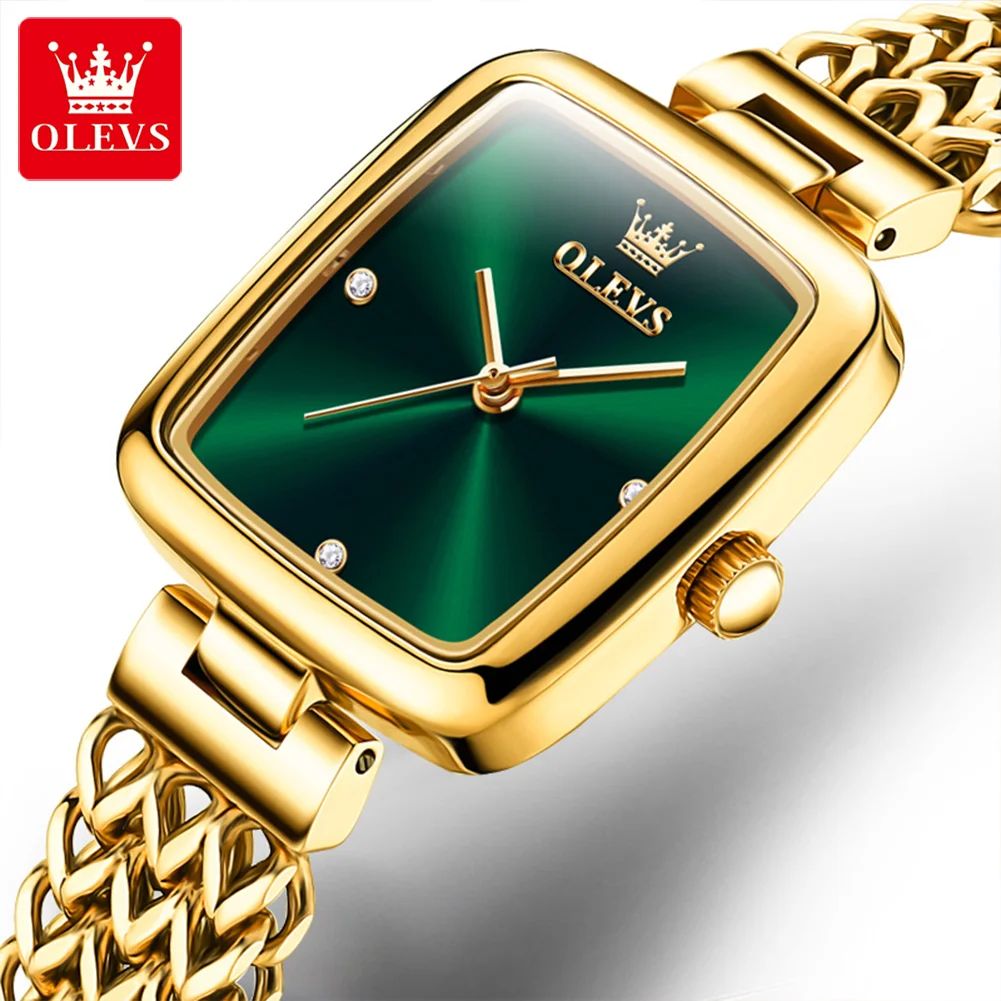 OLEVS Women Watches Elegant Quartz Wristwatch Stainless Steel Mesh Belt Gold Watch Square Dial Original Watch Bracelet Set Gift