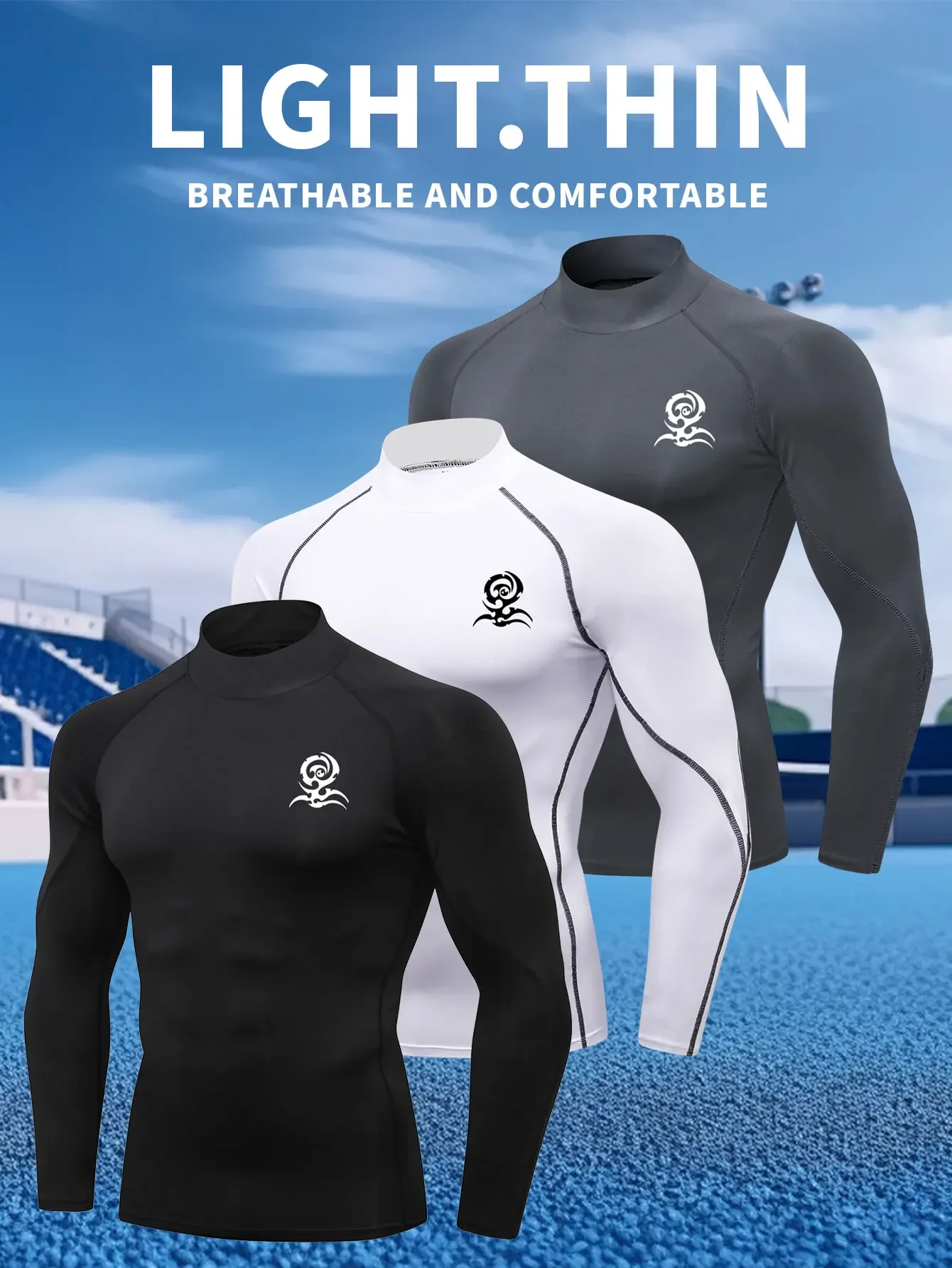 

Motorcycle sports T-shirt set, mid-high neck sports T-shirt, running fitness training quick-drying elastic tight top