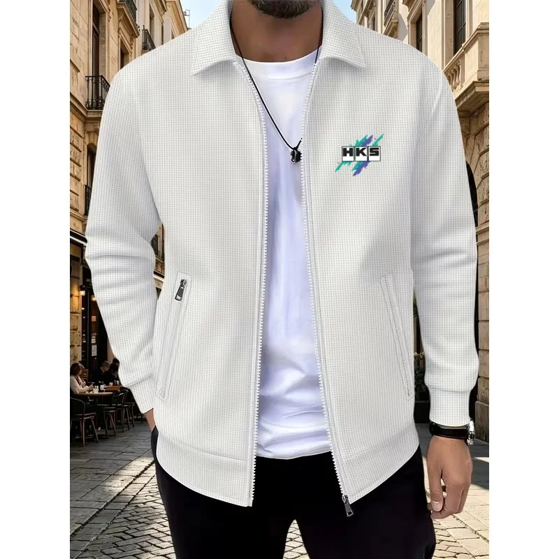 Autumn Men Waffle Knit Lapel Zipper Jacket HKS Graphic Print Casual Street Coat Men Long Sleeve Car Racing Tuning Outerwear view 2