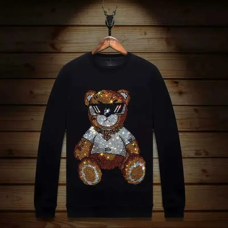 Plus Size 2024 Bear Rhinestones T Shirts Men Top Fashion Streetwear O Neck Long Sleeve Slim Modal Cotton Tshirts Mens Clothing