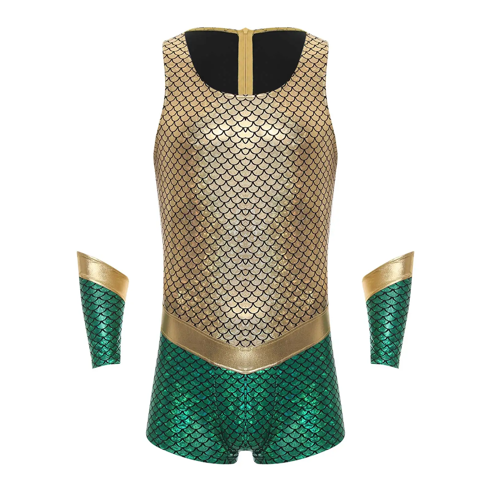 

Mens Halloween Sea King Sea God Cosplay Costume Fish Scales Print Bodysuit Poseidon Merman Cosplay Outfits with Arm Sleeves