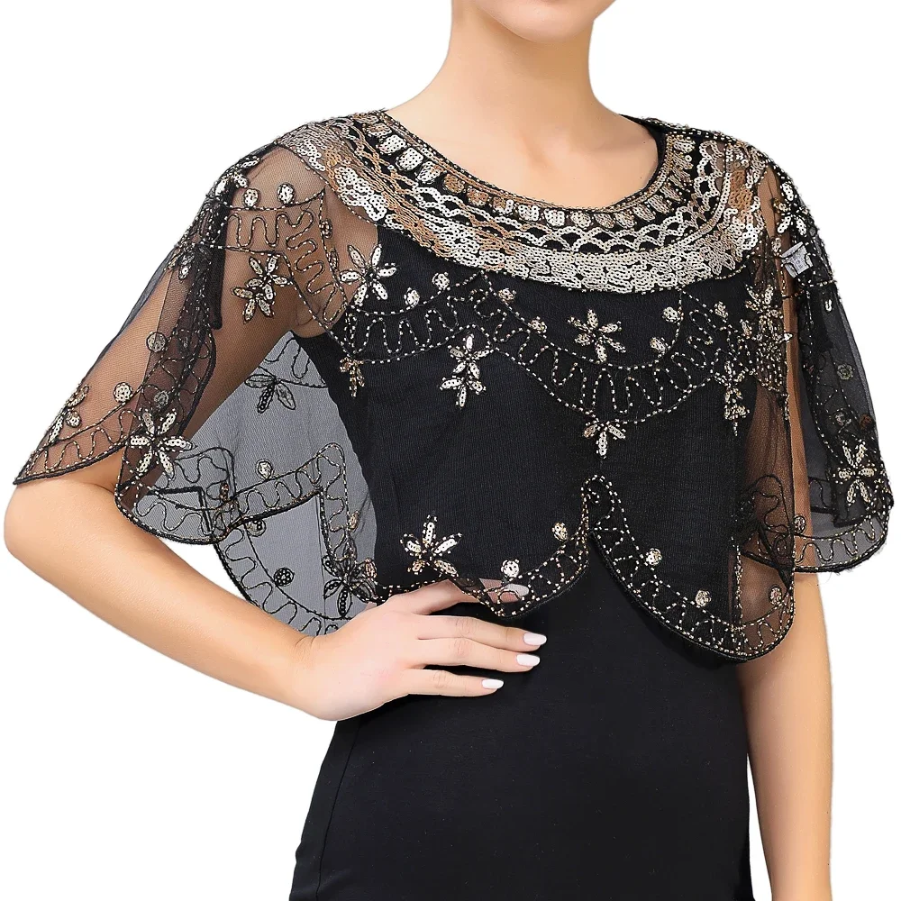 

Woman Vintage Boroque Embroidery Floral Sequin Shawl Elegant Sheer See-through Mesh Beaded 1920s Flapper Party Cover up Poncho