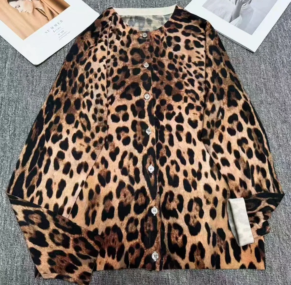100%Wool Knitted Cardigans 2026 Autumn Winter Knitwear Women Sexy Wild Leopard Prints Pattern Long Sleeve Casual Soft Sweaters