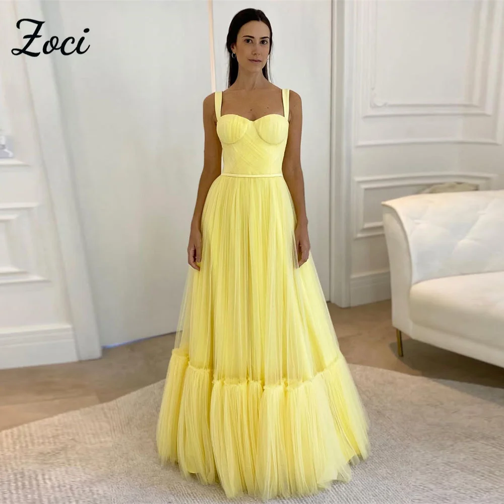 

Zoci Elegant Sweetheat Yellow Prom Dresses Tulle Tiered A Line Saudi Evening Party Gown Wide Strap vestidos de festa Customized