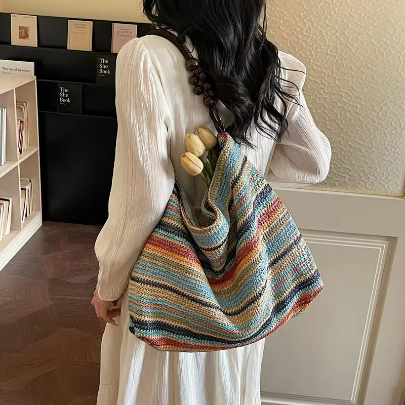 

CLAREGQI Rainbow Striped Crochet Tote Bag, Women's Bohemian Woven Shoulder Purse with Wooden Beads Casual Large Capacity Woven S