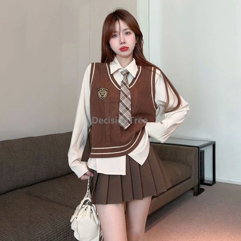 

Униформа jk 2022, костюм в академическом стиле, осенняя белая рубашка с длинными рукавами, универсальный вязаный жилет с высокой талией, модная плиссированная юбка