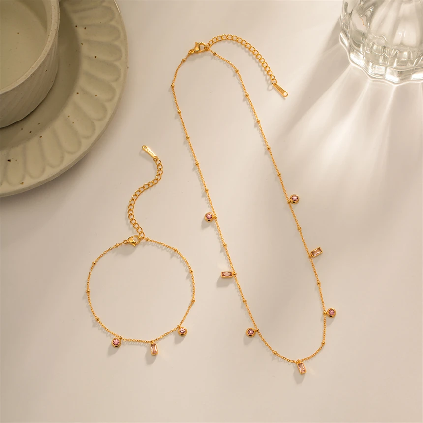316L Stainless Steel Simplicity Pink Zircon Geometry Pendant Clavicular Chain Necklaces Bracelet Fashion High Jewelry Party Gift