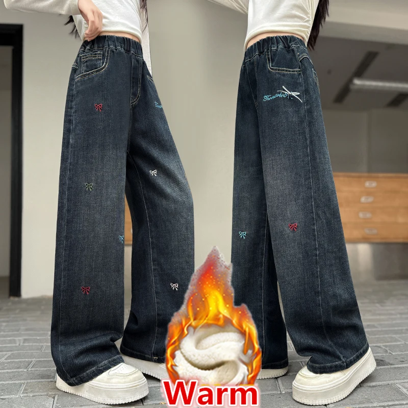 Teenage Girls Winter Warm Jeans for Children Loose Straight Bow Embroidery Trousers with Fleece Lined Kids Thermal Denim Pants