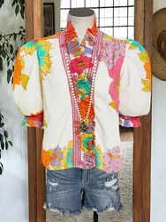 Blusa elegante con estampado Floral para mujer, camisa con cuello en V abombado, Tops Vintage de gran tamaño para oficina de primavera y verano