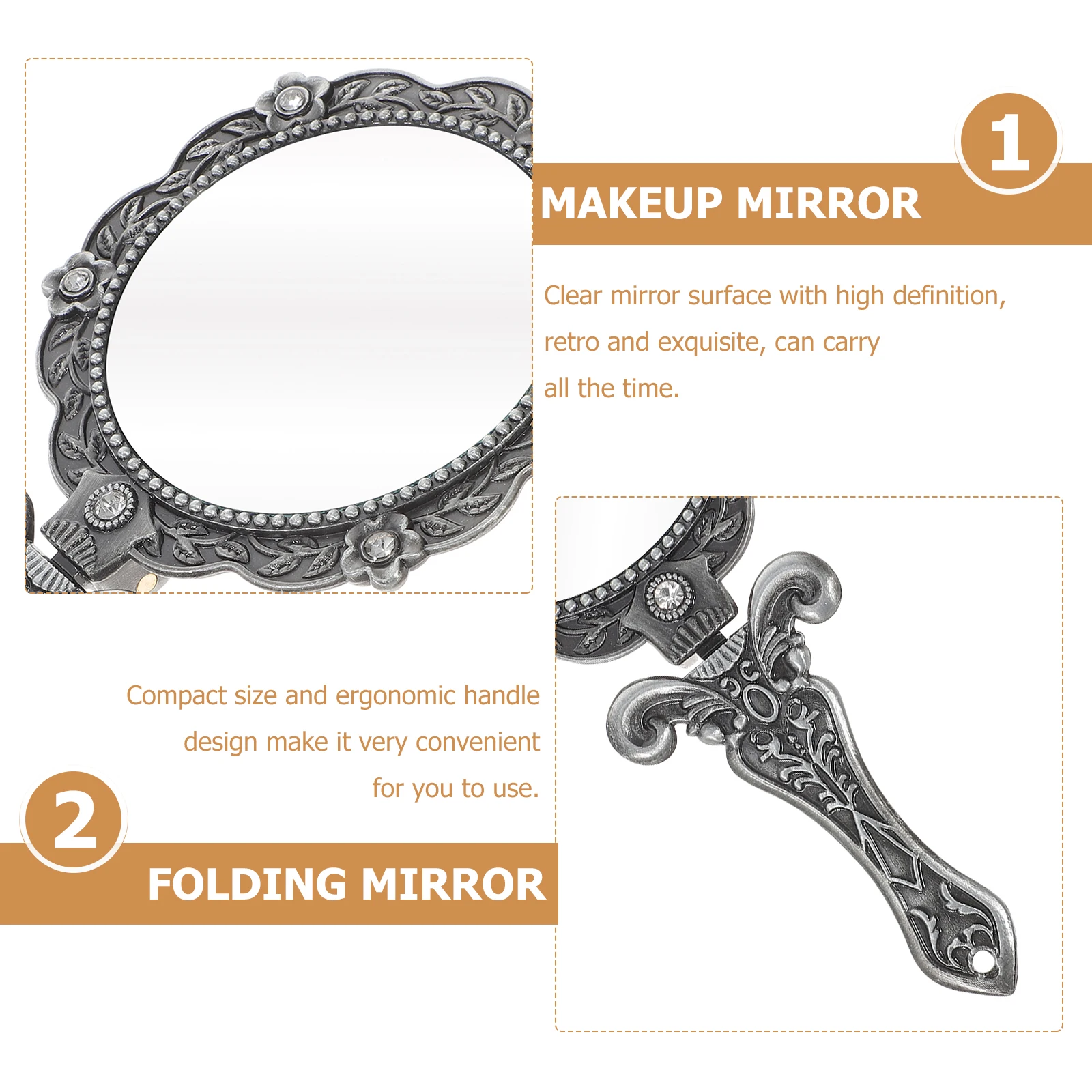 

Retro Handheld Mirror Folding Makeup Vanity Compact Foldable Travel Cute Mini