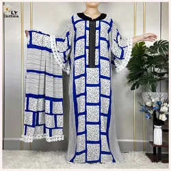 New Muslim Cotton Fabric Dresse With Big Scarf For Women Dubai Summer Short Sleeve Femme Elegant Robe African Traditional Abayas