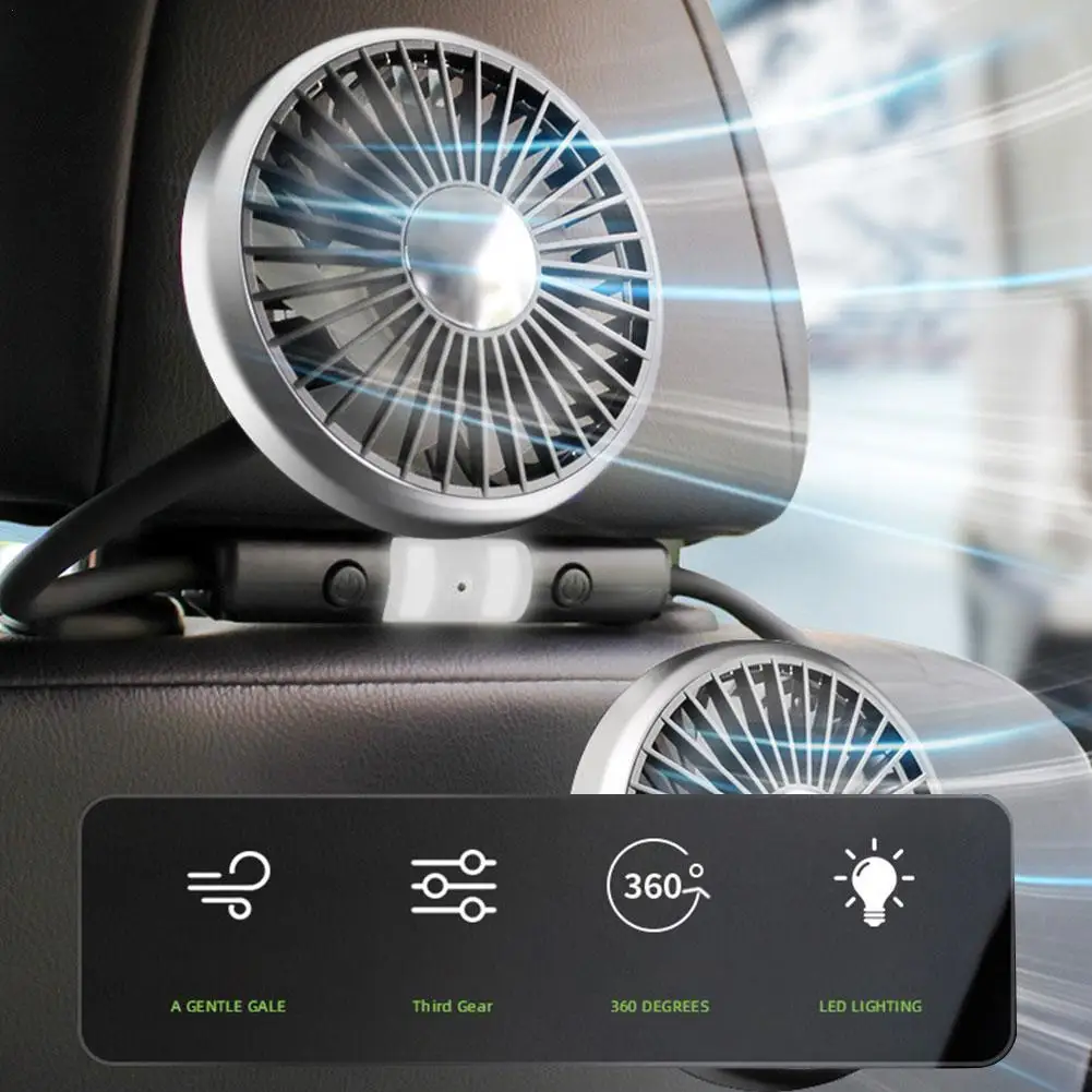 Dual Head Car Clip Fan With Led Light 360 Degree Rotatable Electrical Fans Noise Appliances Cooling Fan Car Low Car Cooler