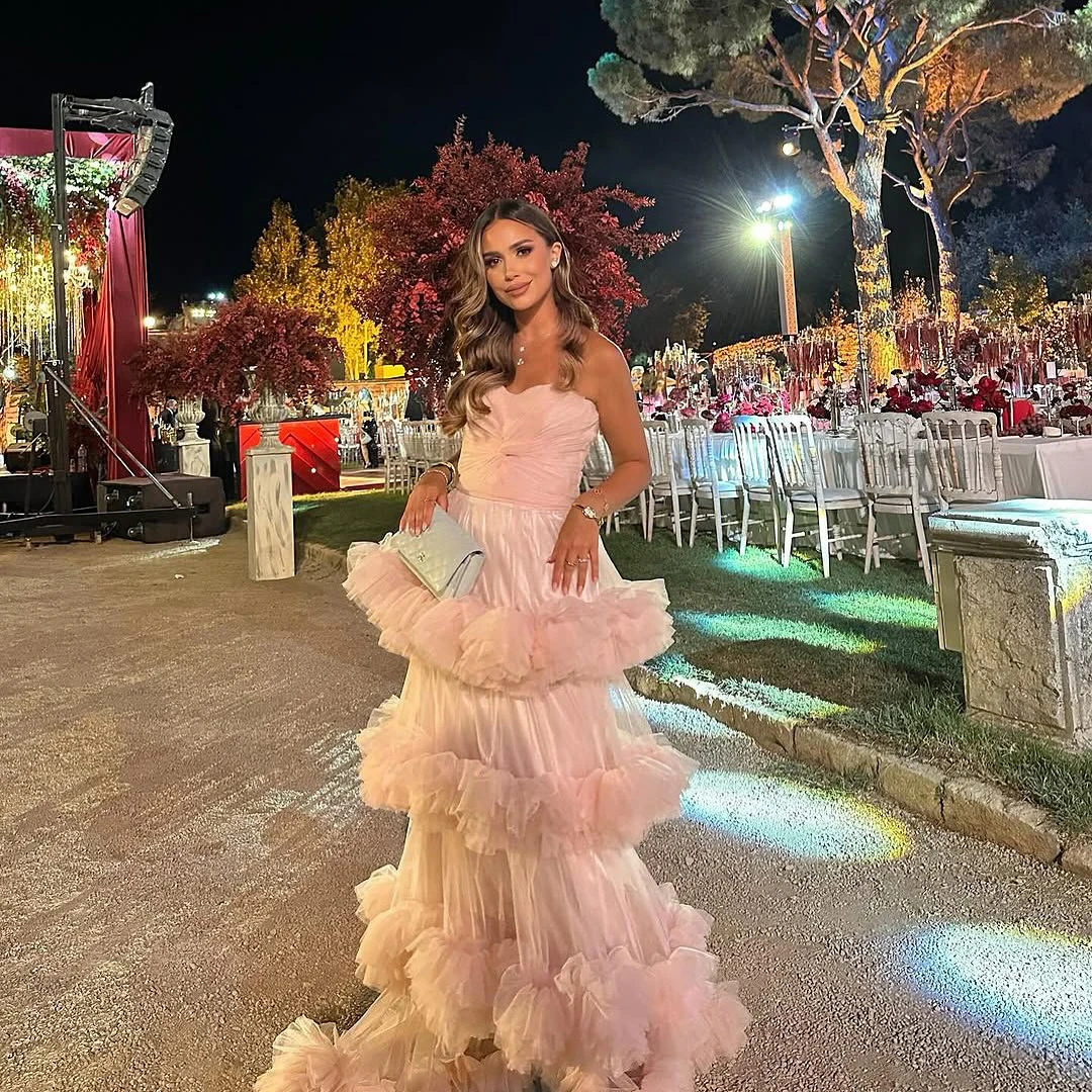 Moda querida sem alças verão maxi vestidos muito em camadas babados tule vestido de alta costura rosa longo celebridade vestido de festa vestidos