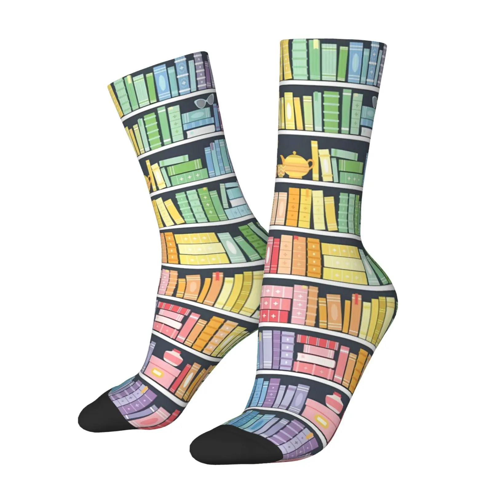 1 pair of men's mid-calf socks with colorful bookshelf print, novelty hats category, comfortable polyester fiber socks.