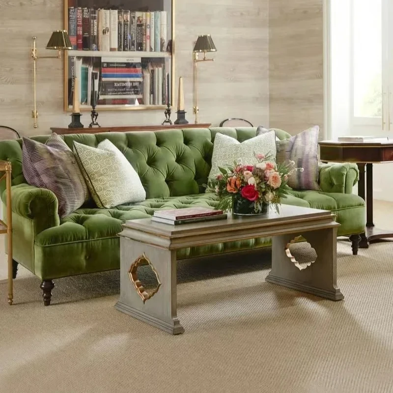 AA Small apartment living room retro pull buckle simple green fabric velvet three-person sofa