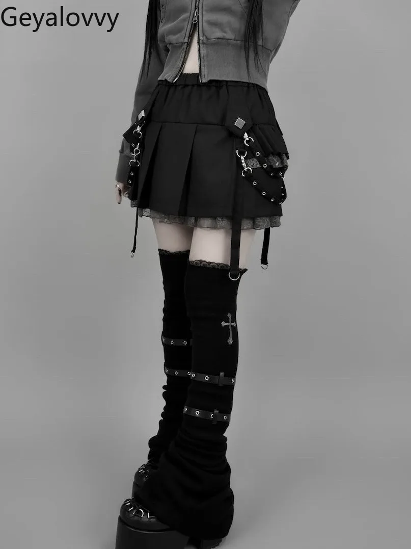 Minigonna versatile gotica giapponese Estate dolce elastico a vita alta bordo in pizzo fibbia in metallo gonne corte stile punk impilate