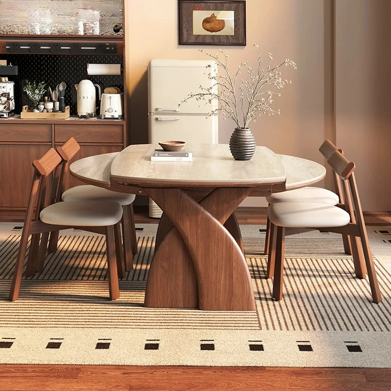 

American retro medieval solid wood folding dining table and chairs new telescopic variable round table hole