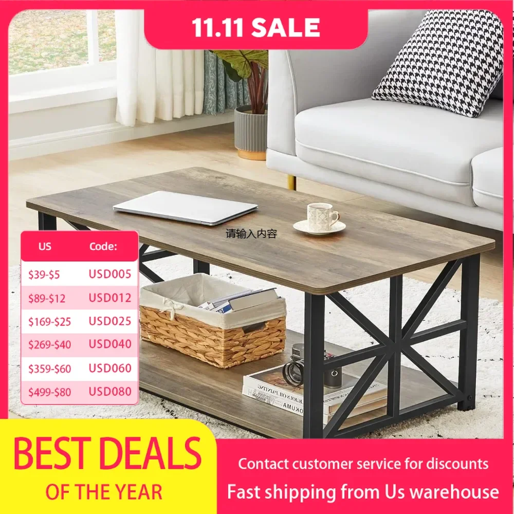 Coffee table with rounded corners, farmhouse style center table with storage shelves, space-saving and easy to assemble