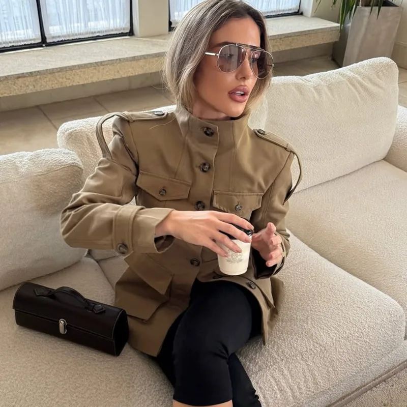 Jaket Wanita Vintage Talenza Model Slim Fashion Lengan Panjang Kancing Satu Baris Mantel Berkantong Jaket 2025 Streetwear Wanita Terbaru