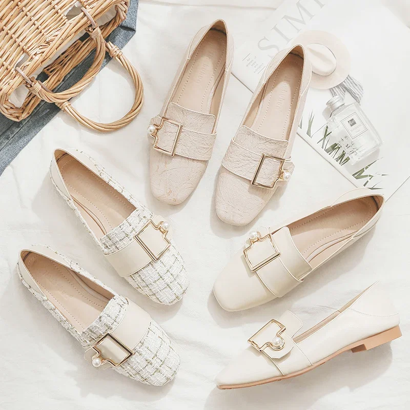 

Women Flat Shoes Chaussures De Femme Solid Color Basic Simple Style Large Size 43 44 45 Square Head Comfortable Pearls Loafers